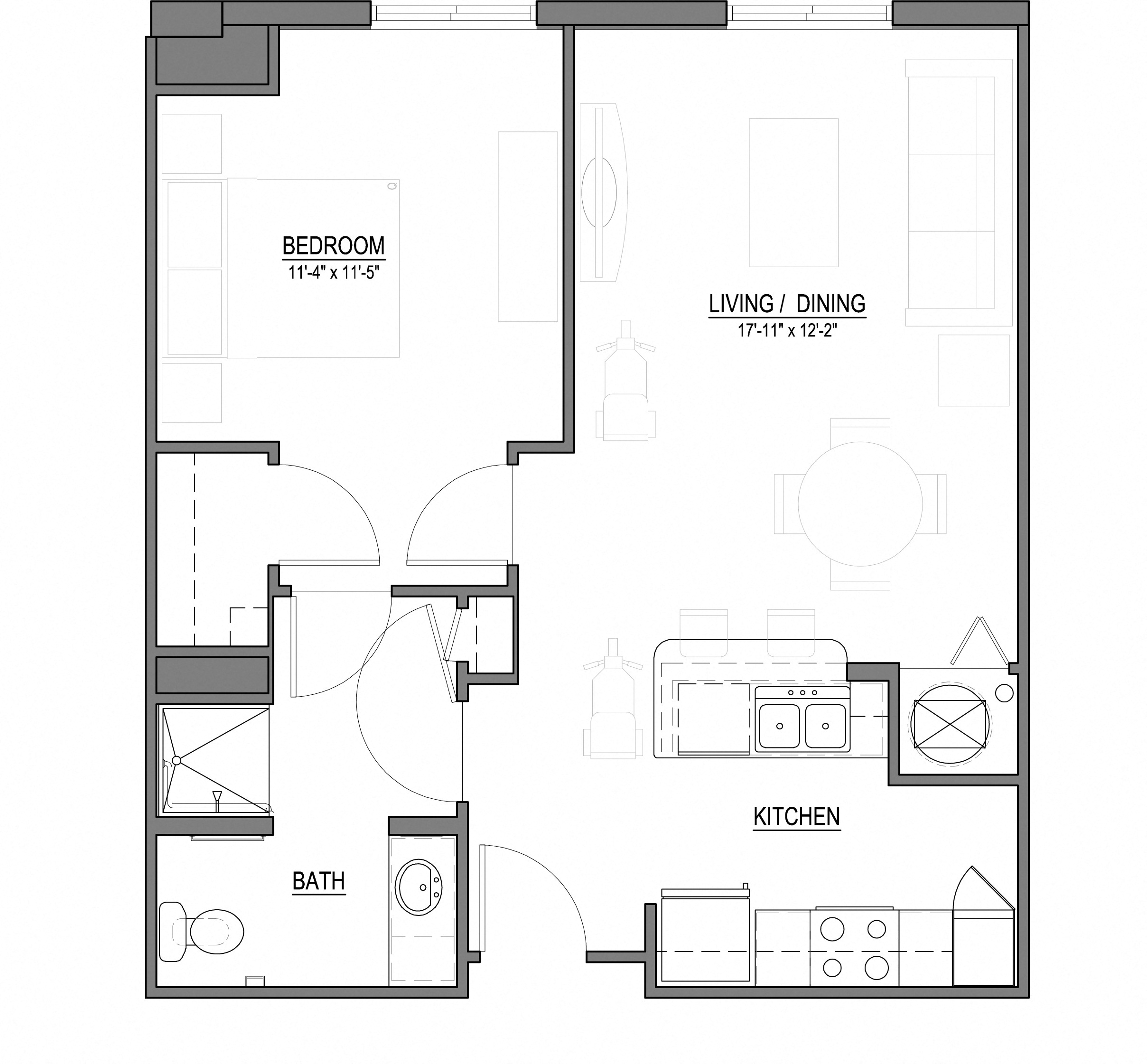 Floor plan for 1 bed, 1 bath, 693 sqft